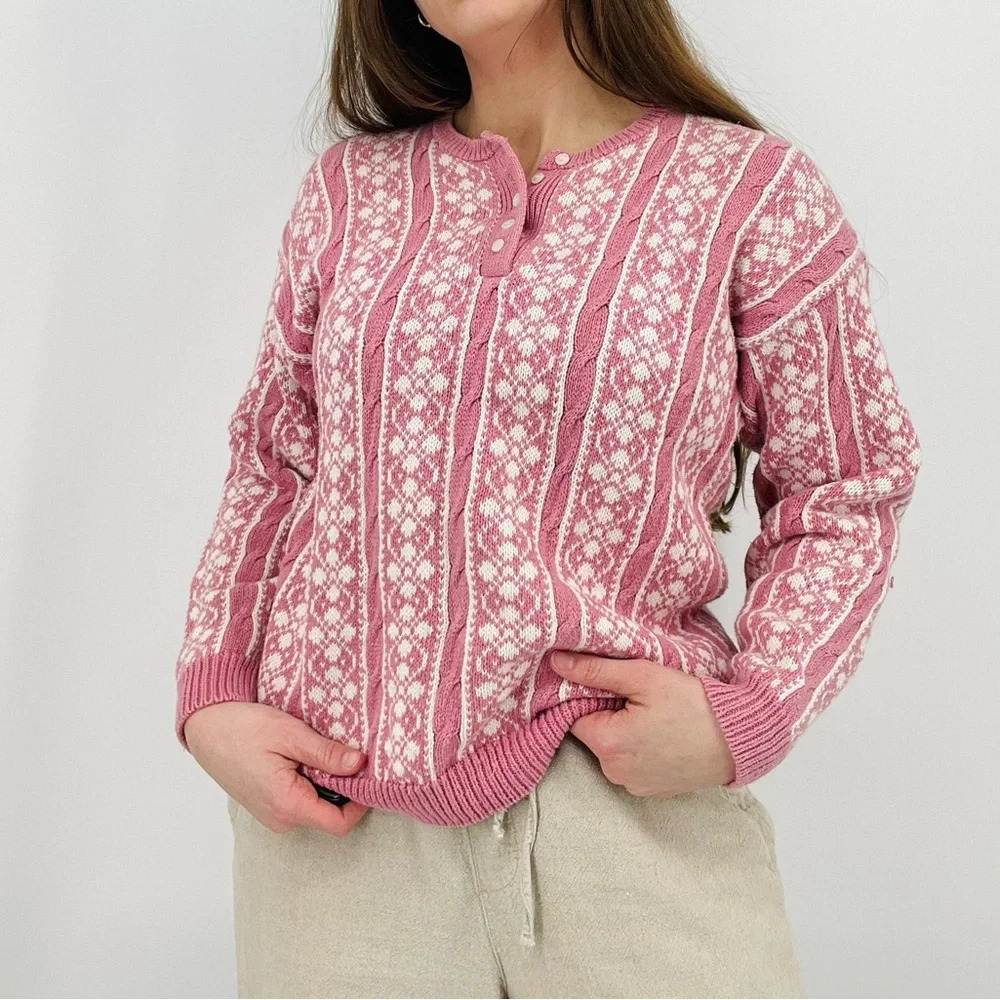 Vintage Boho Cottagecore Henley Sweater Pullover Cable Knit Patterned Mauve Pink